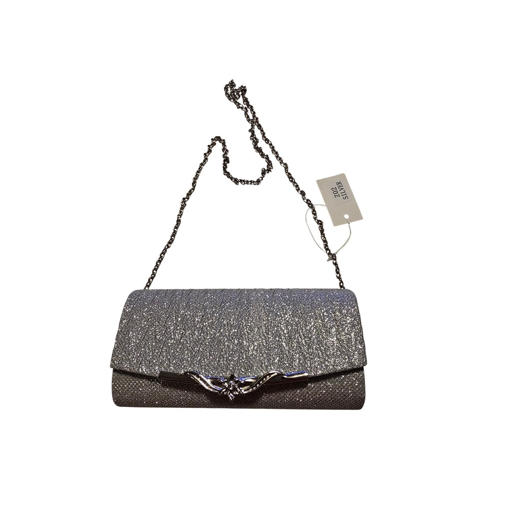 Silver Glitter Pleated Evening Clutch Bag with Floral Metal Trim and Chain Strap